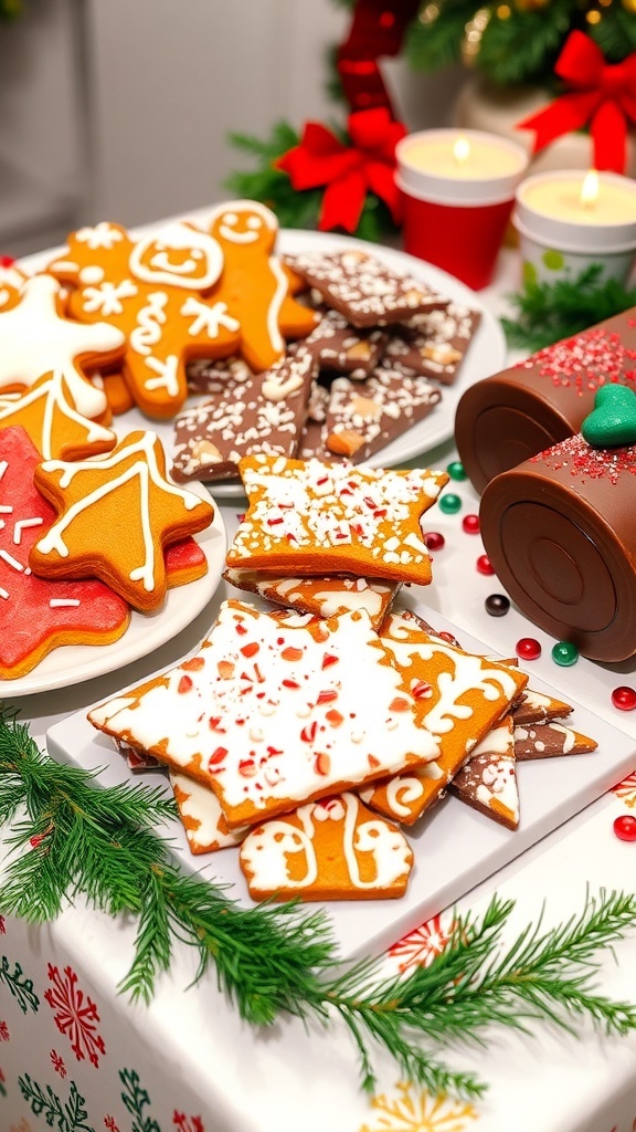 A variety of Christmas desserts including gingerbread cookies, peppermint bark, and a chocolate yule log on a decorated table.